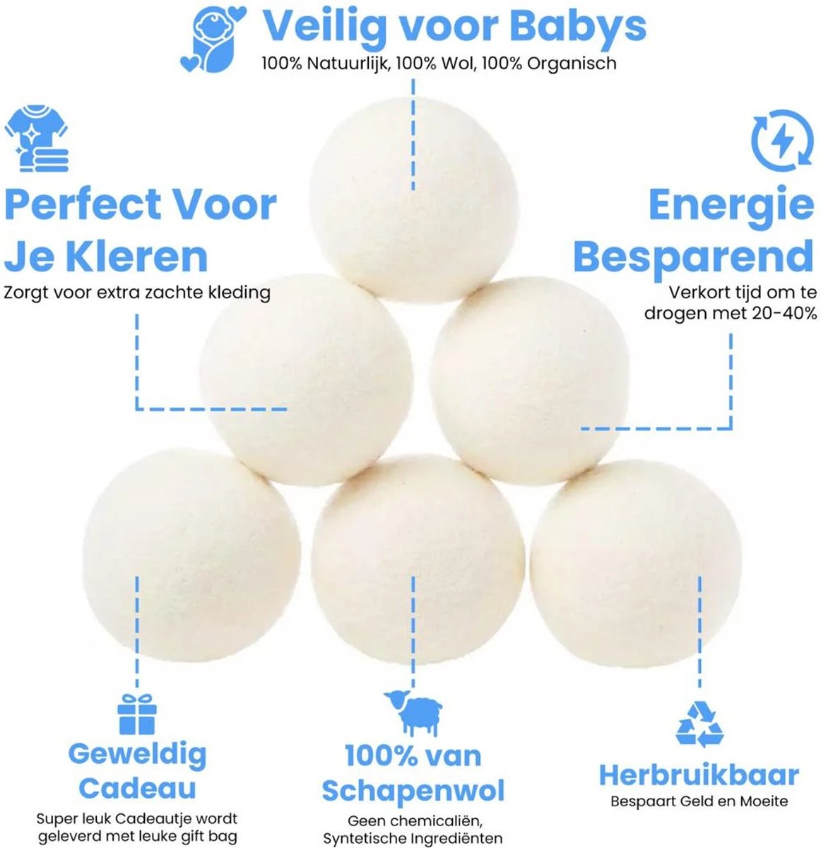DRYQUICK Drogerballen- Wasbollen- Duurzaam Schapenwol - Herbruikbaar- 6 XL Wasballen Wit DRYQUICK Drogerballen- Wasbollen- Duurzaam Schapenwol - Herbruikbaar- 6 XL Wasballen Wit -Winkel Voor Schoonmaakartikelen