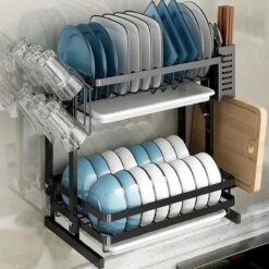 TammaT - Afdruiprek Met Lekbak 2 Laags – Inklapbaar - Afwasrek – Met 2 Lekbakken – Extra Accessories Voor Servies En Snijplanken - RVS - 38x35x26,5cm -Winkel Voor Schoonmaakartikelen 1200x1200 1217