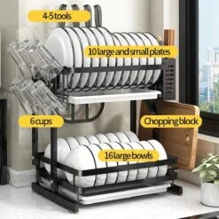 TammaT - Afdruiprek Met Lekbak 2 Laags – Inklapbaar - Afwasrek – Met 2 Lekbakken – Extra Accessories Voor Servies En Snijplanken - RVS - 38x35x26,5cm -Winkel Voor Schoonmaakartikelen 1200x1200 1220