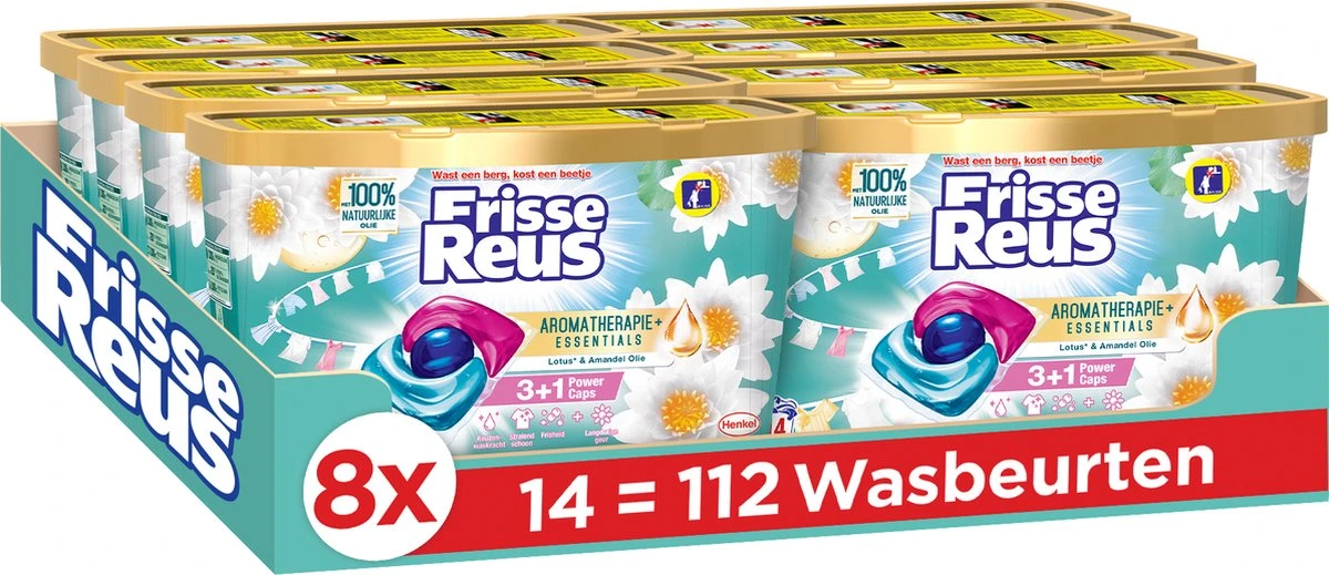 Frisse Reus Power Caps Lotus Amandel Wascapsules - Wasmiddel Capsules - Voordeelverpakking - 8 x 14 wasbeurten Frisse Reus Power Caps Lotus Amandel Wascapsules - Wasmiddel Capsules - Voordeelverpakking - 8 X 14 Wasbeurten -Winkel Voor Schoonmaakartikelen
