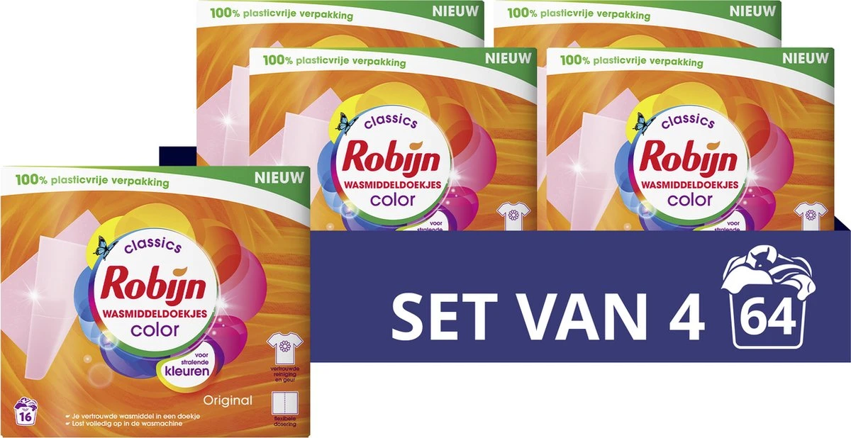 Robijn Classics Color Wasmiddeldoekjes - 4 x 16 wasstrips - Voordeelverpakking Robijn Classics Color Wasmiddeldoekjes - 4 X 16 Wasstrips - Voordeelverpakking -Winkel Voor Schoonmaakartikelen