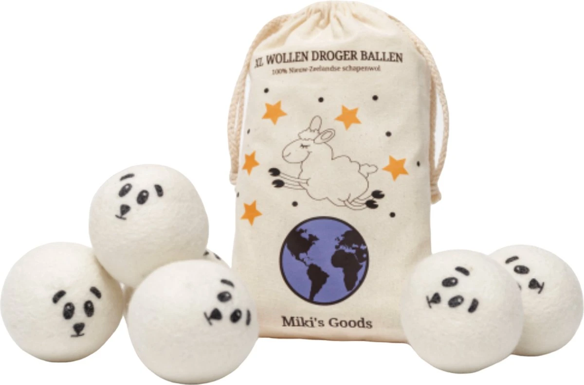 Miki's Goods® XL Wollen Drogerballen 6 Stuks - Panda Wasballen - Duurzaam - Wasbol - 100% Nieuw-Zeelandse Schapenwol - Wasbollen - Herbruikbaar- Droogballen - Snellere Droogtijd - Zuigt Dierenharen Op Miki's Goods® XL Wollen Drogerballen 6 Stuks - Panda Wasballen - Duurzaam - Wasbol - 100% Nieuw-Zeelandse Schapenwol - Wasbollen - Herbruikbaar- Droogballen - Snellere Droogtijd - Zuigt Dierenharen Op -Winkel Voor Schoonmaakartikelen