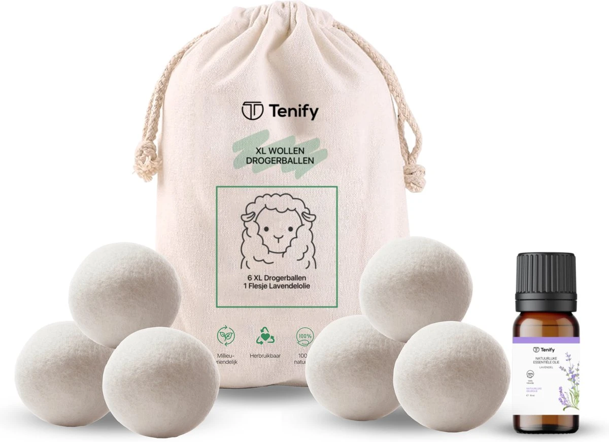 Tenify 6 XL Drogerballen + Extra Lavendel Olie - Wasbollen - Duurzaam - Schaapswol - Wasverzachter - Wasdrogerballen - Herbruikbare Droogballen - Energie Besparen Tenify 6 XL Drogerballen + Extra Lavendel Olie - Wasbollen - Duurzaam - Schaapswol - Wasverzachter - Wasdrogerballen - Herbruikbare Droogballen - Energie Besparen -Winkel Voor Schoonmaakartikelen