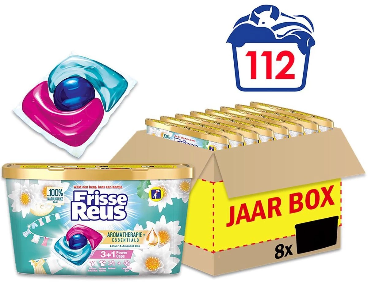Frisse Reus Power Caps Lotus Amandel Wascapsules - Wasmiddel Capsules - Voordeelverpakking - 8 x 14 wasbeurten Frisse Reus Power Caps Lotus Amandel Wascapsules - Wasmiddel Capsules - Voordeelverpakking - 8 X 14 Wasbeurten -Winkel Voor Schoonmaakartikelen